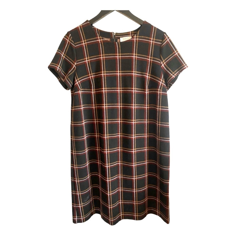 Loft Plaid Woven Dress Large Petite Brown Knee Length